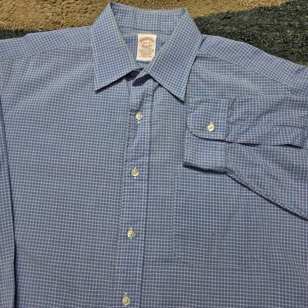 Brooks Brothers Makers Blue Check Dress Shirt 16.5-3 All Cotton Made in USA